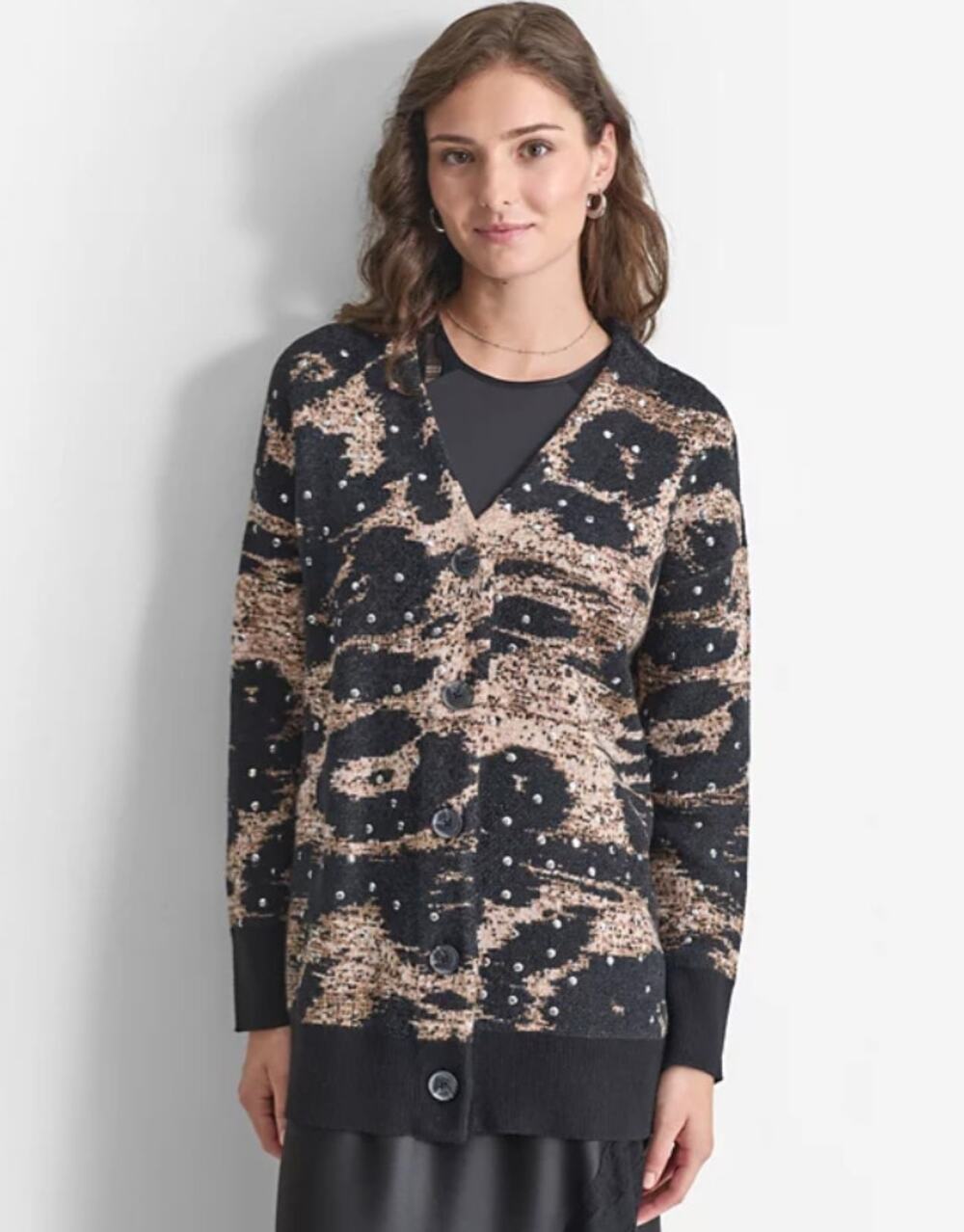 DKNY WOMENS MEDIUM PRINTED BUTTON-FRONT CHENILLE CARDIGAN SWEATER BROWN NEW